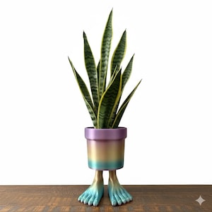 May include: A unique planter pot with a gradient finish, featuring a purple top, gold middle, and teal base, supported by teal-colored feet. The pot holds a snake plant with green and yellow striped leaves. The planter is on a wooden surface.