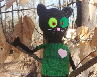 Ready to ship "Felix" hand knit kitty cat soft toy friend - original plush feline kitten doll pal, black with green