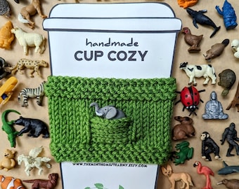 Choose color & buddy! Custom Coffee Cozy Buddies - washable wool hand knit cup sleeve with a tiny friend! Great silly gift! Favorite animal!