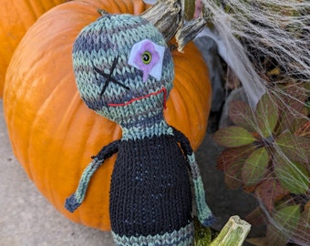 BEWARE Zombie Rob hand knit soft toy friend - 100% cotton plush original monster, unique geek gift, undead fan