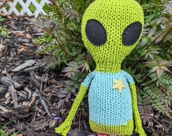 Meet Nebula - hand knit alien soft toy friend - 100% cotton original design plush outer space pal doll, unique new baby shower gift
