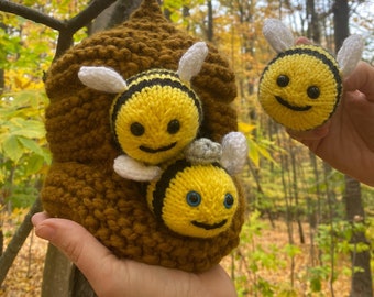 Queen bee and hive plush with worker bees - hand knit imagination play, can hang up, nursery decor, preschool toy, apiary beekeeper gift