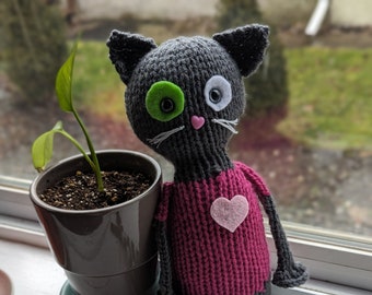 Meet Charlie - hand knit kitty cat soft toy friend - original plush feline kitten doll pal