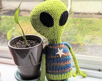 Meet Astrid - hand knit alien soft toy friend - 100% cotton original design plush outer space pal doll