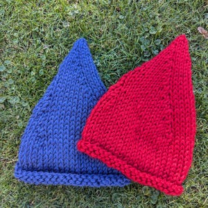 Puede incluir: Dos gorros de punto, uno azul y otro rojo, están sobre un lecho de hierba verde. Los gorros son puntiagudos y tienen un patrón de punto sencillo.