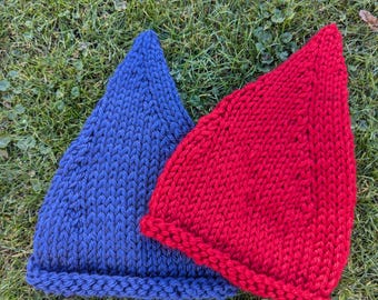 Hand Knit Gnome Hat: Adult sized, Red or Blue Pointy Cap