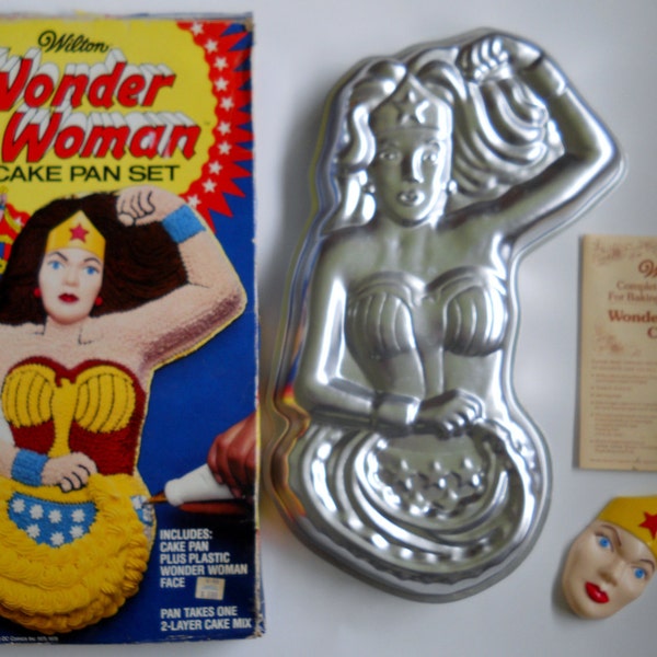 1978 Wilton Wonder Woman Cake Pan with original box, face plate, and instructions - free shipping in US