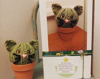 Knit KIT - Kitty Cactus (Cat-cus?) Kit DIY with pattern, knitting needles, yarn, pot, stuffing, etc! Great cat lover knitter crafter gift.