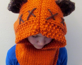 Furry Forest Friend inspired hood with fuzzy ears hand knit star gift, choose your color, wars hat, cowl, cosplay Halloween May the 4th