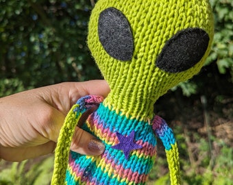 Meet Pluto - brightly colored rainbow hand knit alien soft toy friend - 100% cotton original design plush outer space pal doll