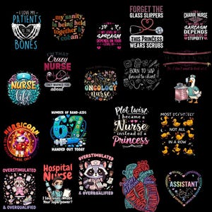 以下が含まれることがあります： 黒い背景に、さまざまな看護師をテーマにしたイラストとテキストが描かれたグラフィックデザインのコレクションです。「Nurse Life」、「Crazy Nurse」、「Forget the Glass Slippers」などのフレーズが含まれています。画像はカラフルで気まぐれです。