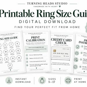 以下が含まれることがあります： Turning Heads Studioによる印刷可能なリングサイズガイドのデジタルダウンロード。このドキュメントには、サイズ5〜17のリングサイズチャート、50mmのプリントキャリブレーションライン、スケール確認用のクレジットカードチェック、およびステップバイステップの印刷手順が含まれています。
