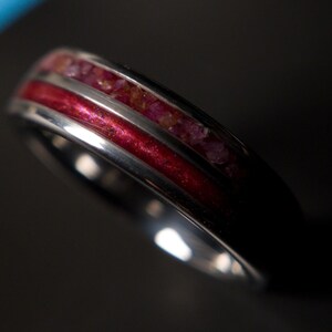Tunsgten Double Channel Ring with Savage Ruby Inlay | 6mm Handmade Band | Modern Red Ring |