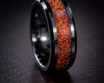 Black Ceramic Sunstone Ring | Norse‑Inspired Celestial Wedding Band | Viking Protection Ring for Him & Her