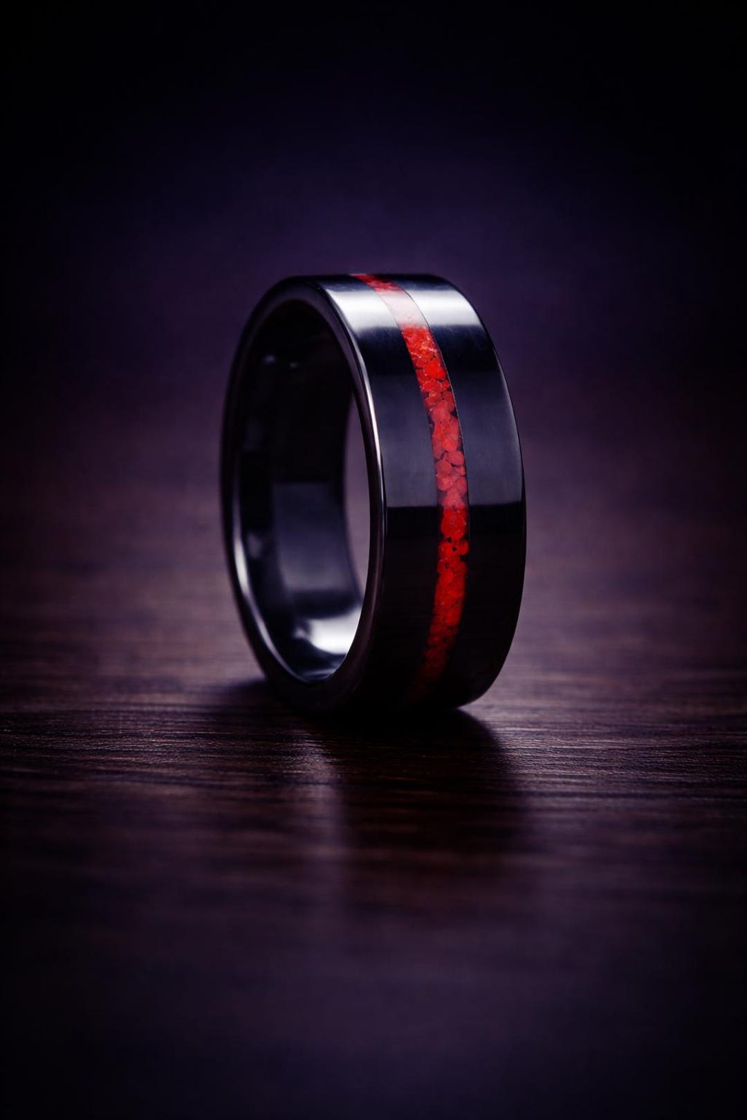 Thin Line Rings Black Ceramic Thin Line Ring | Red Coral Inlay | Minimalist Statement ...