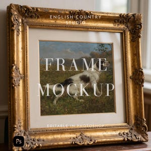 May include: An ornate gold-toned picture frame with a cream-colored mat surrounding a print of a white and black dog in a grassy field. The text "ENGLISH COUNTRY STUDIO", "FRAME MOCKUP", and "EDITABLE IN PHOTOSHOP" is overlaid on the image.