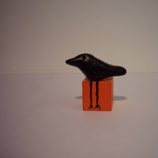 Original Miniature Crow Raven Sculpture on Base Metaphor Pun Halloween Bird Outsider Art Paperclay Handmade OOAK