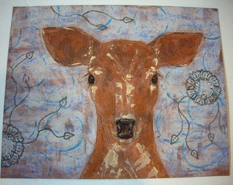Original Acrylic Mixed Media Deer Flower Painting on Paper  OOAK Leanne Ellis Unframed