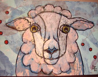 Original Sheep Acrylic and Ink Painting ACEO OOAK Unframed Leanne Ellis