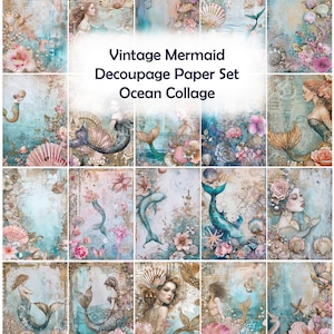 Könnte beinhalten: Eine Collage von Vintage-Dekorpapierbögen mit Meerjungfrauen-Motiven. Die Kunstwerke zeigen Meerjungfrauen, Muscheln und florale Elemente in einer sanften Farbpalette aus Blau, Rosa und Gold. Der Text auf dem Bild lautet "Vintage Mermaid Decoupage Paper Set Ocean Collage."