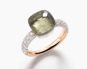 18K Rose Gold Plated Classic Ring - Green Stone Ring with Pave Setting - Nudo Style Ring