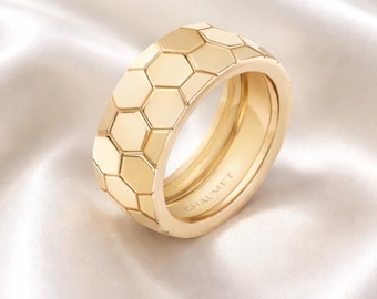18K Gold Plated Elegant Honeycomb Ring, Bague Bee Minimalist Ring