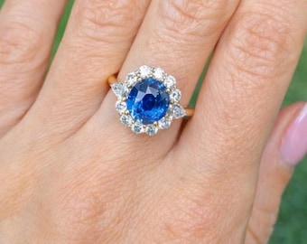 Oval Blue Sapphire Halo Ring, 14K Gold Plated Art Deco Style Statement Ring, Sapphire Wedding Ring, Anniversary Gift for Her
