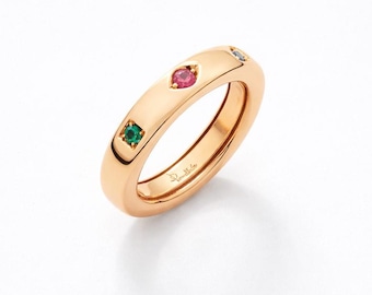 Iconica Extra Slim Multi Stone Diamond Ring, 3 stones Nudo Ring, Ruby Emerald Sapphire Minimalist Stacking Band