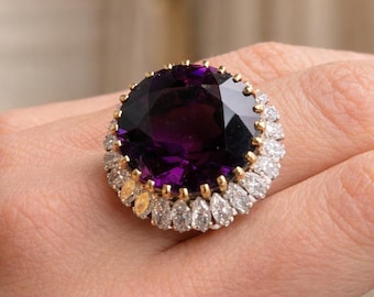 14K Gold Plated Amethyst Cocktail Ring, Large Oval Purple Gemstone Gold Statement Ring, Marquise Diamond Halo Ring, Anniversary Gift