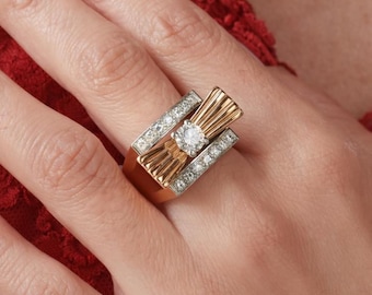 14k Gold Mid Century Statement Ring, Art Deco Bow Cocktail Ring for Women, Unique Anniversary Gift