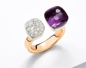 18K Gold Plated Nudo Ring, Faceted Amethyst Quartz Stone Diamond Ring
