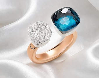 18K Rose Gold Nudo Ring, London Blue Topaz Color Quartz Gemstone Ring, Diamond Ring for Women