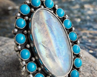 Large Rainbow Moonstone Statement Ring with Turquoise Halo - Handmade 925 Sterling Silver Boho Ring - Oval Moonstone Jewelry - Gift for Her