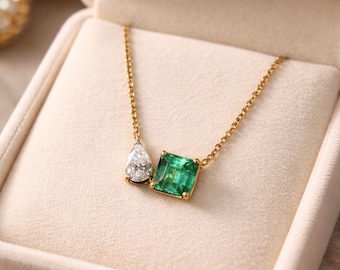 Toi et Moi Necklace in Sterling Silver, Pear Cut Moissanite and Square Green Quartz Pendant, Two Stone Necklace for Her, Anniversary Gift