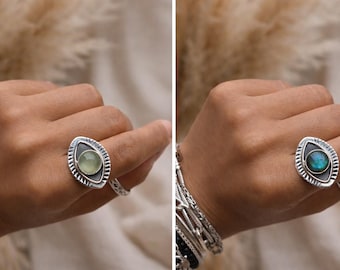 Boho Evil Eye Oxidized Silver Ring, Labradorite and Prehnite Stone Silver Ring