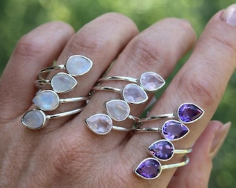 Triple Gemstone Bypass Ring in Sterling Silver - Amethyst, Rose Quartz, & Moonstone