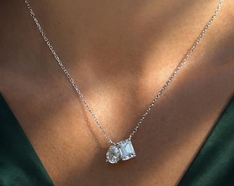 Toi et Moi Sterling Silver Pendant, Premium Moissanite Gemstone Necklace
