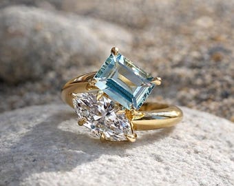 Toi et Moi Moissanite Silver Ring, Unique Anniversary gift