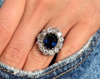 Oval Shape Blue Sapphire Diamond Ring, Luxury Design Ring for Women