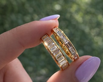 Emerald Cut Moissanite Eternity Band, Full Eternity Ring for Women, Anniversary Gift, Gold Vermeil Stackable Ring