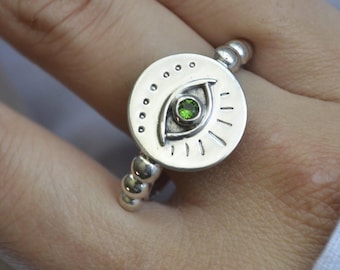Evil Eye Ring with Peridot in Sterling Silver, Green Gemstone Third Eye Ring, Spiritual Gift for her, Boho Beaded Band