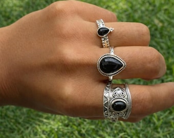 Black Onyx Silver Ring Set • Boho Statement Rings • Teardrop Onyx Jewelry • Oxidized Silver Band • Victorian Style Rings for Women