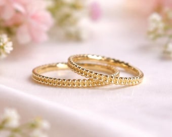 Minimalist Beaded Silver Ring, Stackable Dainty Ring, Gold Ball Band Ring, Thin Stacking Ring, Everyday Jewelry Gift for Her