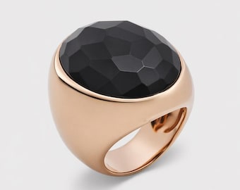 18K Rose Gold Plated Nudo Style Black Stone Ring