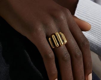 Brutalist 14K Gold Plated Statement Ring, Mid-Century Modern Tiered Ribbed Band, Sculptural Chunky Statement Jewelry, Minimalist Ring
