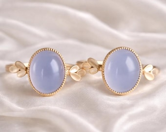 Blue Chalcedony Silver Ring, Lavender Stone Gold Vermeil Ring, Oval Cabochon Ring, Dainty Leaf Jewelry, Periwinkle Gemstone Ring
