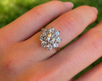 Diamond Cluster Engagement Ring | 14k White Gold Flower Ring | Round Brilliant Cut Art Deco Style Estate Jewelry