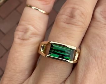 14K Gold Vermeil Minimalist Emerald Cut Green Gemstone Tension Set Ring