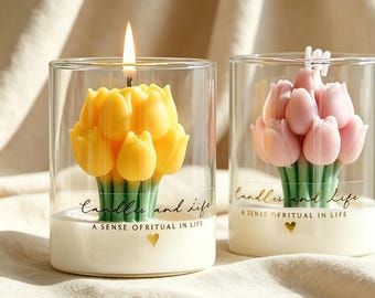 Caja de regalo con vela de ramo de tulipanes, vela aromática floral en taza con fragancias de narciso, manzanilla, rosa y lavanda, regalo para el Día de la Madre, regalo para ella.