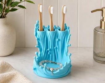 Waterfall Toothbrush Stand with Jewelry Tray, 3D Printed Bathroom Organizer, Vanity Decor Gift